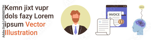 Business processes, finance management, documentation, communication, innovation, mental processes. Features a businessman, invoice graphic and brain with signals. Business processes and finance