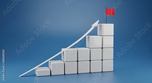 Business Growth Concept: Staircase of White Cubes with Arrow Leading to a Red Flag on Top