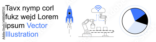 Free Download Industrial automation, data visualization, technology processes, robotics, space technology, cloud connectivity. Robotic arm, pie chart and rocket graphic. Automation and technology processes - GFXLoad