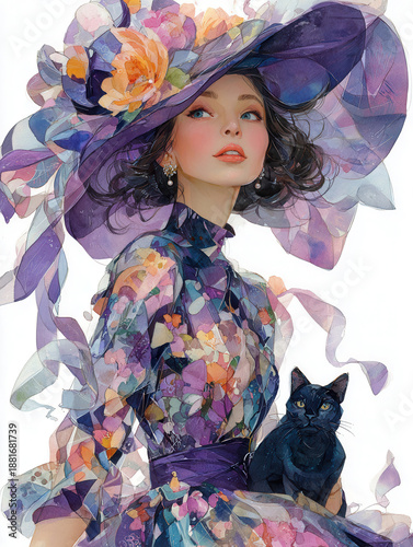 Woman in Floral Hat with Black Cat, Watercolor Illustration Fashion Portrait