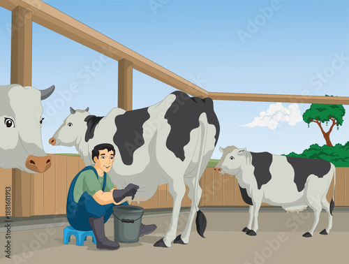 Cartoon Farmer Milking Cow in Rural Barn Scene