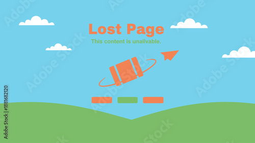 404 Error Page Concept: Lost Page Illustration with Floating Suitcase, Paper Airplane, and Unavailable Content Message