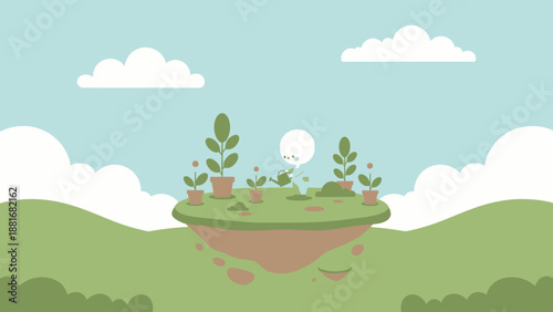 Minimalist Cute Character Watering Potted Plants on a Floating Island. Flat Design Illustration of Gardening and Environmental Care Concept.