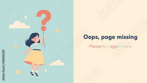 404 Error Page Illustration: Cute Girl with Question Mark Balloon and "Oops, page missing" message.