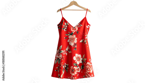 Sleeveless red dress with white & pink floral pattern, hung on wooden hanger