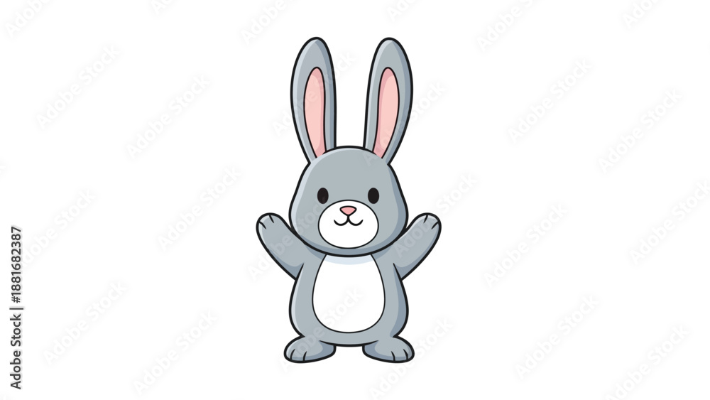 Fototapeta premium A cute cartoon illustration of a gray bunny rabbit with big ears and a white belly.
