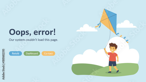 Friendly 404 Error Page Template Vector. Oops, System Couldn't Load This Page Message with Cartoon Boy Flying Kite. UX UI Empty State Design.