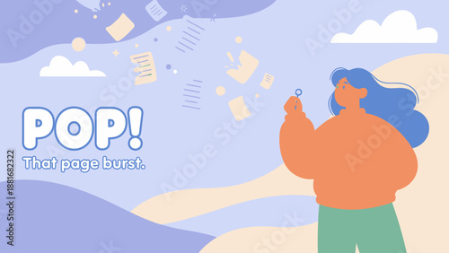 Digital Page Burst Illustration: Woman Deleting Documents and Files, Symbolizing System Error, Data Clearance, or Freedom from Paperwork