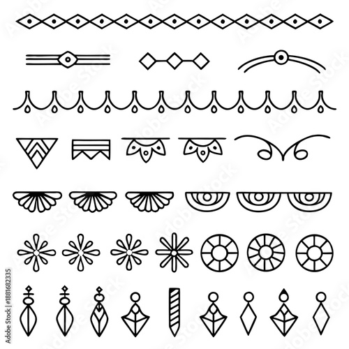 This image features a variety of intricate and stylized geometric tattoo designs. The designs include symmetrical patterns, shapes, and motifs that are commonly used in body art.