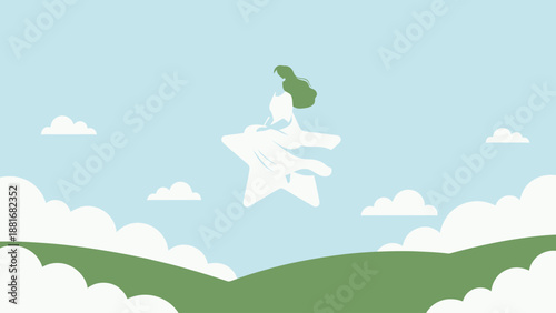 Dreamy illustration of a woman flying high on a shining star in the blue sky, representing aspiration, success, achievement, wishes, and future vision.