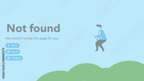 404 Not Found Error Page Web UI/UX Concept. Flat design illustration of a man floating in a bubble over hills, symbolizing a lost connection or broken link.