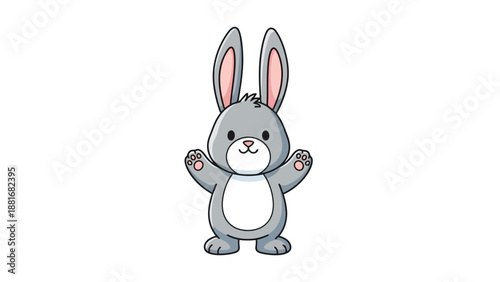 A cute cartoon illustration of a fluffy gray bunny rabbit with long ears and a white belly, standing with its arms open.