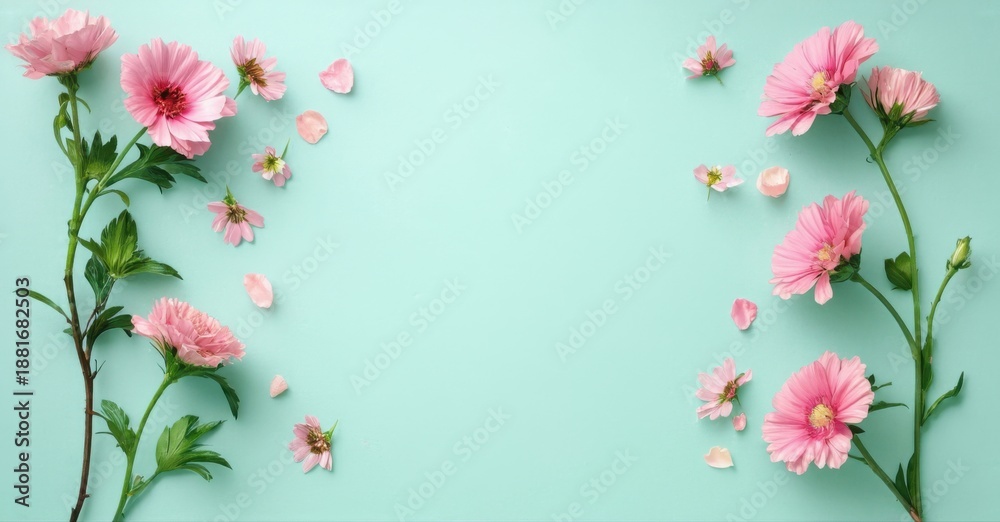 Fototapeta premium Pink cosmos flowers, petals scattered. Light blue background creates calm, delicate floral composition. Minimalist design.