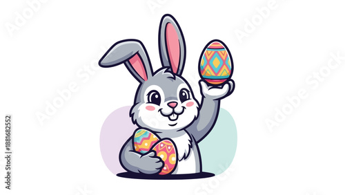 A cute cartoon Easter bunny holding colorful decorated eggs, ready for the holiday celebration.