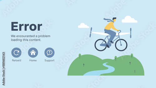 Website Error 404 Page Template Illustration. Funny Disconnection Concept: Man Flying on Propeller Bicycle over Landscape.