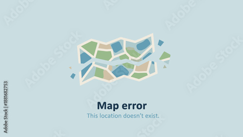 Map Error Page Illustration: Broken navigation, missing location, and 404 screen background for system failure or geolocation problems.