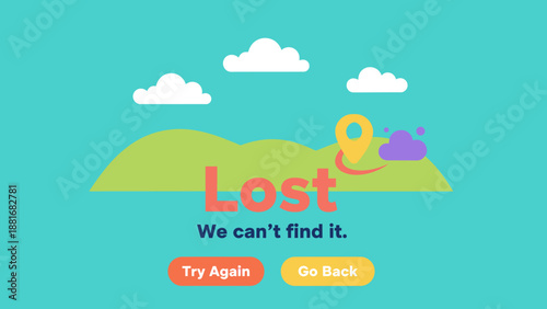 Cute 404 Error Page Illustration: "Lost, We Can't Find It" Concept with Map Pin and Landscape for UX/UI Web Design Template
