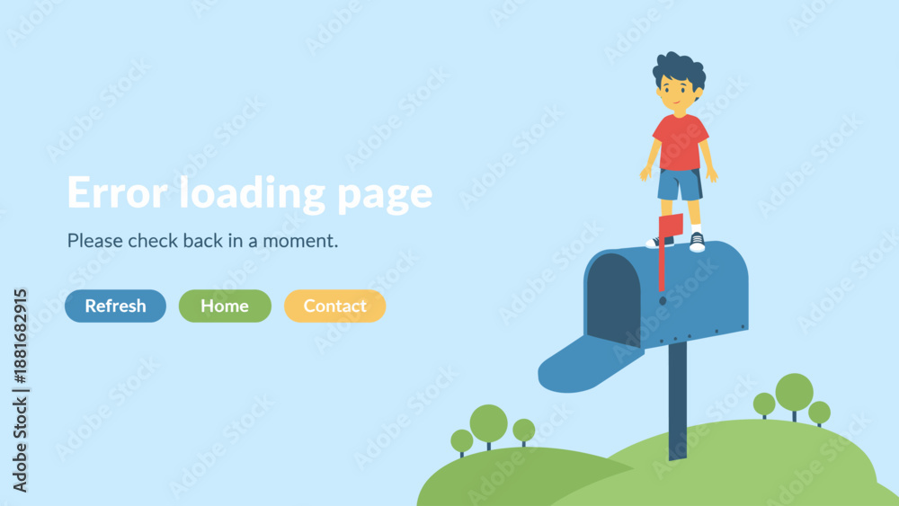 Fototapeta premium Website Error Loading Page Banner Illustration. Cute Boy Standing on Mailbox. Connection Problem, 404 Screen Template, Internet Failure Message UI/UX.