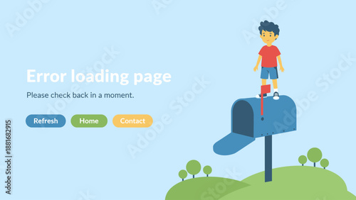 Website Error Loading Page Banner Illustration. Cute Boy Standing on Mailbox. Connection Problem, 404 Screen Template, Internet Failure Message UI/UX.