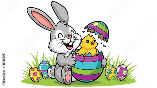 A cheerful cartoon Easter bunny is hugging a newly hatched chick emerging from a colorful striped egg, surrounded by decorated Easter eggs and green grass.