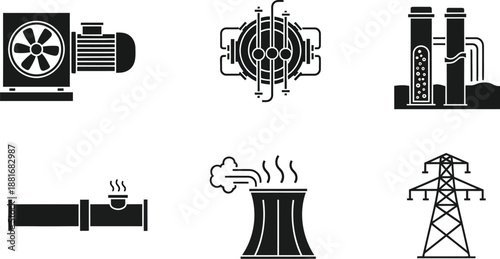 Geothermal power plant electricity industrial processes. Steam pipe coal plant. Turbine and generator, heat exchanger, geothermal well, pipe with steam/heat, cooling tower, and electricity mast pole.