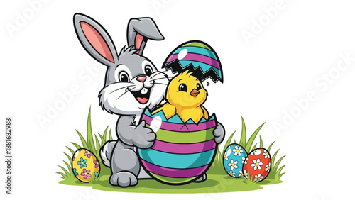 A cute cartoon Easter bunny is hugging a baby chick that is hatching from a colorful striped Easter egg.