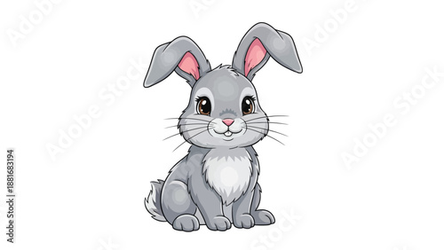 A cute, fluffy gray rabbit with long ears and a white chest sits attentively.