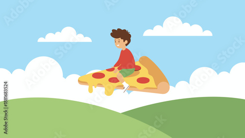 Happy boy flying on a slice of pepperoni pizza over green hills in a whimsical cartoon illustration.