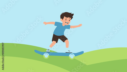 Happy little boy riding a skateboard down a green grassy hill. Child enjoying outdoor summer sport and healthy activity illustration.