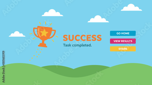 Success Screen UI/UX Illustration: Task Completed Notification with Winning Trophy Icon, E-Learning Quiz Achievement and Gamification Concept.