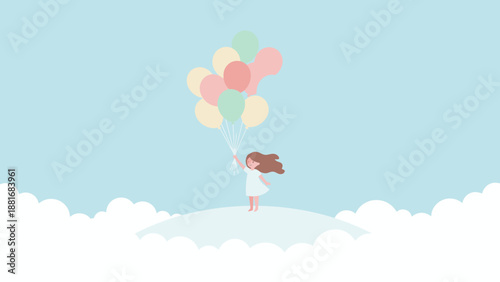 Minimalist Illustration of Happy Girl Holding Pastel Balloons, Floating on a Cloud in the Blue Sky.