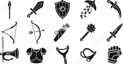 Medieval weapons and armor battle gear. Spear, swords, shield, bows and arrows, mace, daggers,  horn, tunic/vest, gorget/collar armor piece, and gauntlet/glove vector illustration. 