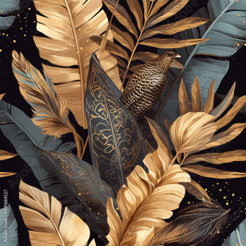 Golden Bird Tropical Leaves Background Pattern, Nature Wallpaper Design