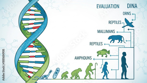 A vector graphic illustration of the evolution of life and DNA structure