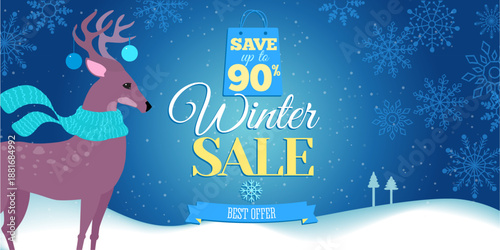 Cartoon style horizontal winter sale banner with a cute deer, snowy winter landscape and decorative snowflake ornament. Bright festive design for online ads, websites, promotions and seasonal marketin