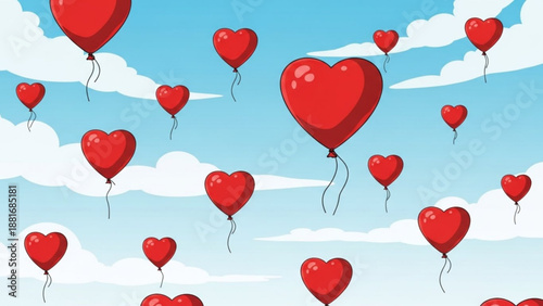 A vector graphic of heart-shaped balloons floating in the sky