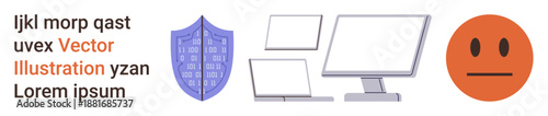 Cybersecurity, online protection, data privacy, digital communication, virtual risk, internet awareness. A shield, computer displays, and a neutral face highlight cybersecurity and online protection