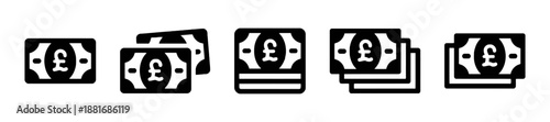 Pound sterling bills currency isolated icons set