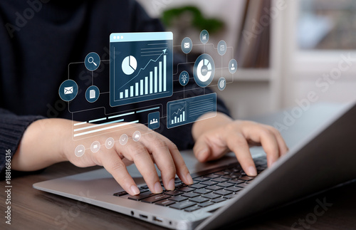 Digital business analytics interface with data visualization and performance metrics. Strategic insights, reporting, and data driven decision support for enterprise management and growth.