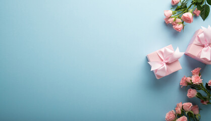 Pink gift, present box decorated with ribbon bow, pink rose flowers on blue background top view. Valentine's day, 14 February, birthday, 8 march women's day gift. Love and romance. Spring.