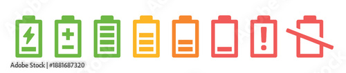 Set of battery charge level indicators in different colors