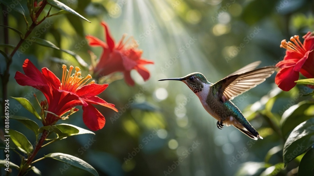 Fototapeta premium A vibrant hummingbird hovering near bright red flowers in a lush garden illuminated by sunlight