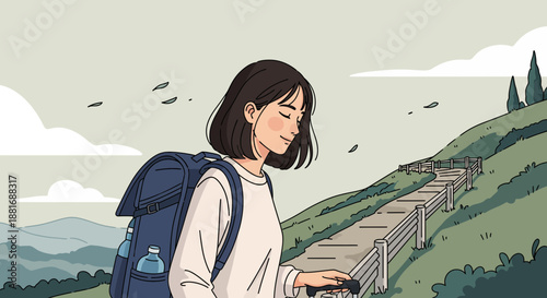 Young woman hiking on a scenic mountain trail with a backpack.