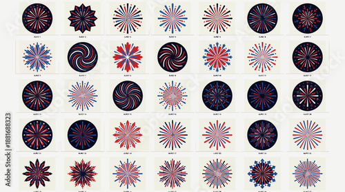 Stylized Fireworks Vector Set – Colorful Burst, Spiral, Palm, Floral Celebration Icons for Holiday, Festival, Party, New Year, Graphic Design Clipart