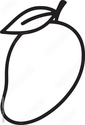 A simple black-and-white illustration of a ripe mango, showcasing its classic shape and a single attached leaf.