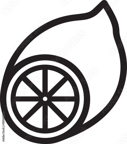 A minimalist line art graphic depicts a stylized lemon, with a sectioned half revealing its juicy interior, exuding freshness and a zesty appeal.