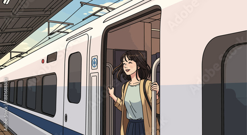 Young woman exiting a modern train at a station platform.