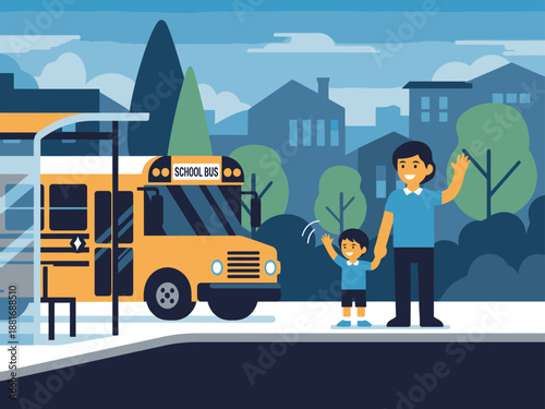 A cheerful father waves goodbye to his son waiting for the school bus. A vibrant, heartwarming scene of family and education. Perfect for stock illustrations.