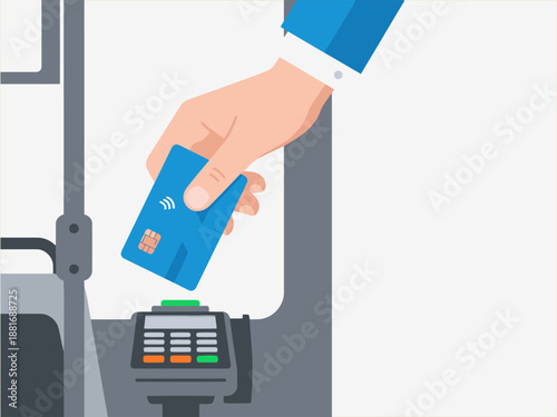 A hand uses a student smartcard to pay for a bus ride. Modern, clean design. Focus on the transaction. Bright colors, clear composition.