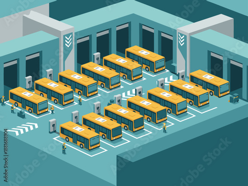 Modern bus fleet depot illustration showcases electric buses charging. Clean, isometric design highlights efficient charging infrastructure. Ideal for transportation and sustainability visuals.